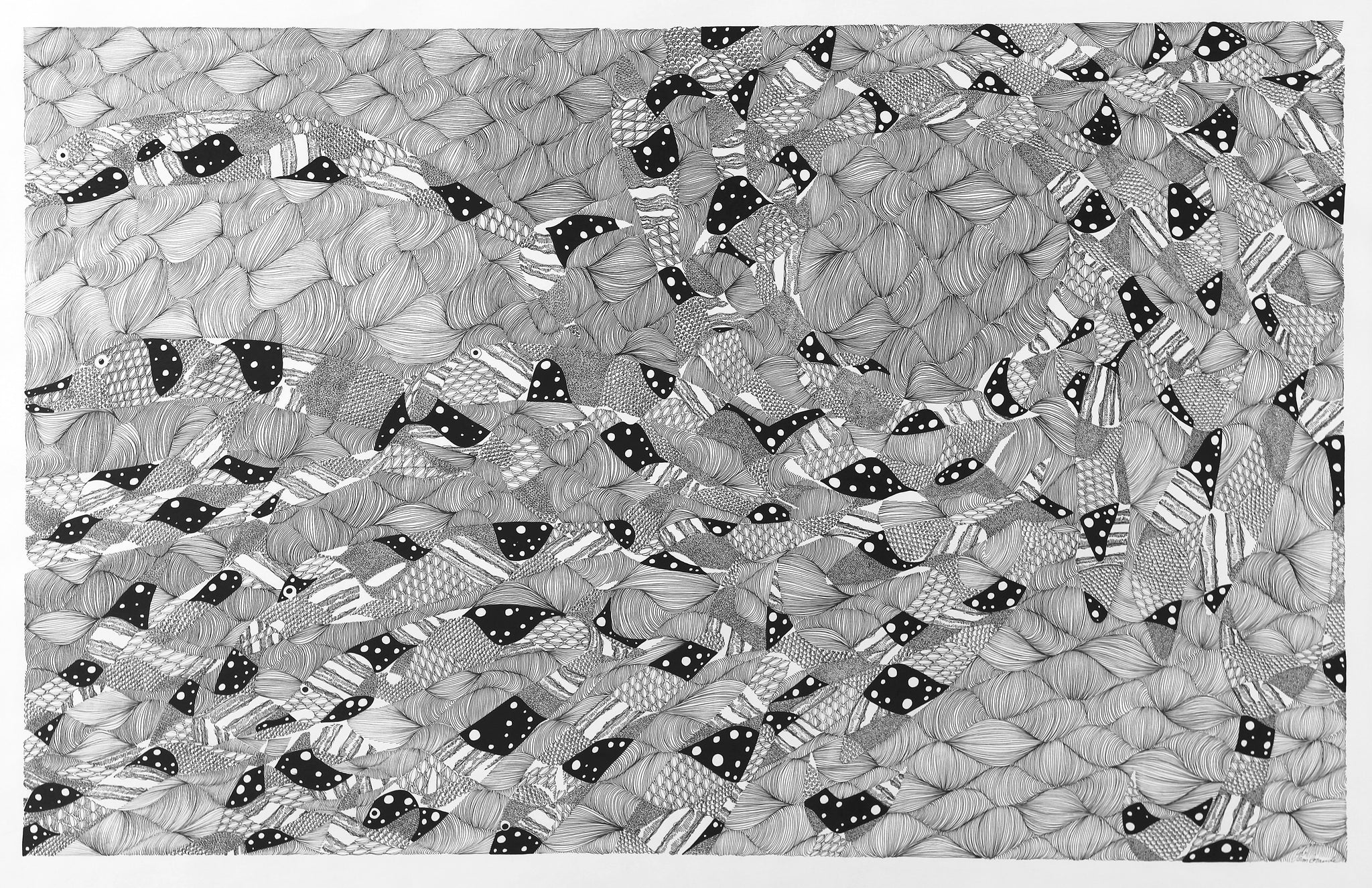 Oeuvre Graphique en noir et blanc, "Banc de poisson", 59,5 x 94 cm, encre de chine sur papier, Oeuvre Originale, Art Nouveau Post Exotique, Art à la thématique animalière, Art marin, Art & ocean, poisson, banc de poisson, thématique aquatique