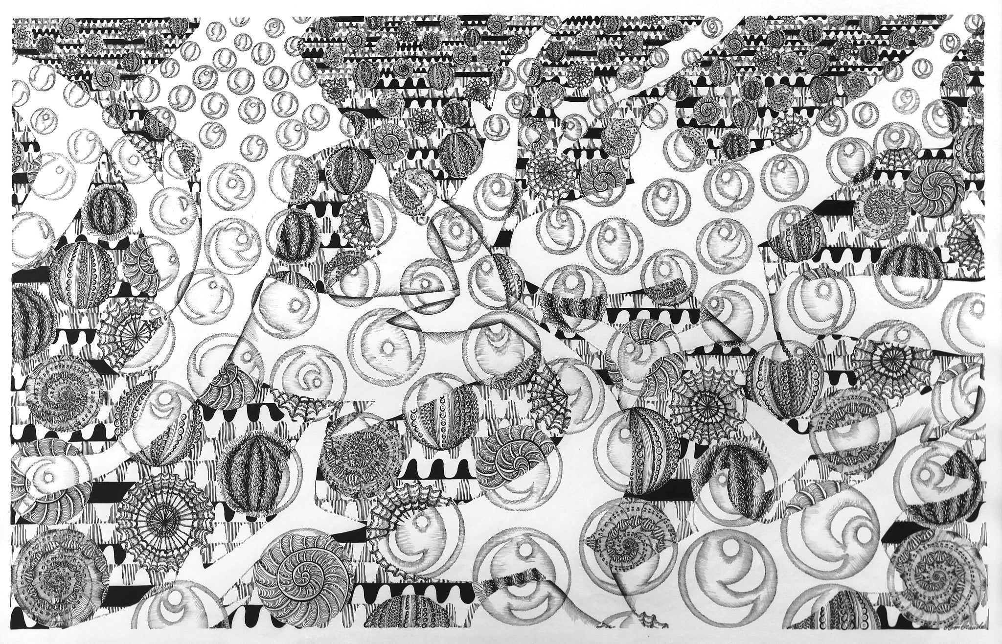 Oeuvre Originale Ambraude, de l'Art Nouveau Post Exotique. "Requins-coquillage": encre de Chine sur papier, encre de Chine sur papier, 94 x 59 cm. Un image peut en cacher une autre: scène de requins qui s'agitent dans l'ocean, formant des bulles d'aire dans une eau profonde animée de coquillages, oursins... | Art Nouveau Post Exotique | Art à la Thématique Animalière et Océanique | Requins en mouvement | Bulle d'aire | Oursin | Coquillage | Biodiversité