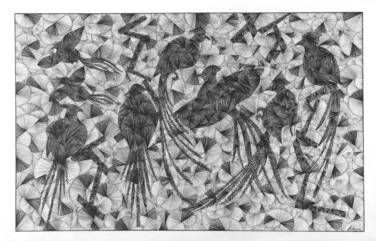 REPRODUCTION d'ART de l'Oeuvre "Oiseaux n°1" en papier artistique, 100 x 70 cm, tirage limité 30 exemplaires, datée, signée, numérotée. Ensemble d'oiseaux exotiques, effet graphique dû à la forme en éventail inspiré des feuilles de Palmier. Thématique animalière, d'animaux exotique et de plantes tropicales.